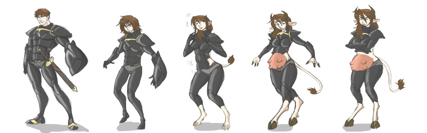 2015 annoyed anthro armor bovine breast_expansion breasts brown_hair cattle female gender_transformation hair hooves horn human human_to_anthro long_hair male mammal melee_weapon mtf_transformation open_mouth shield short_hair simple_background smile solo standing surprise sword tail-growth teats thatweirdguyjosh transformation udders weapon white_background