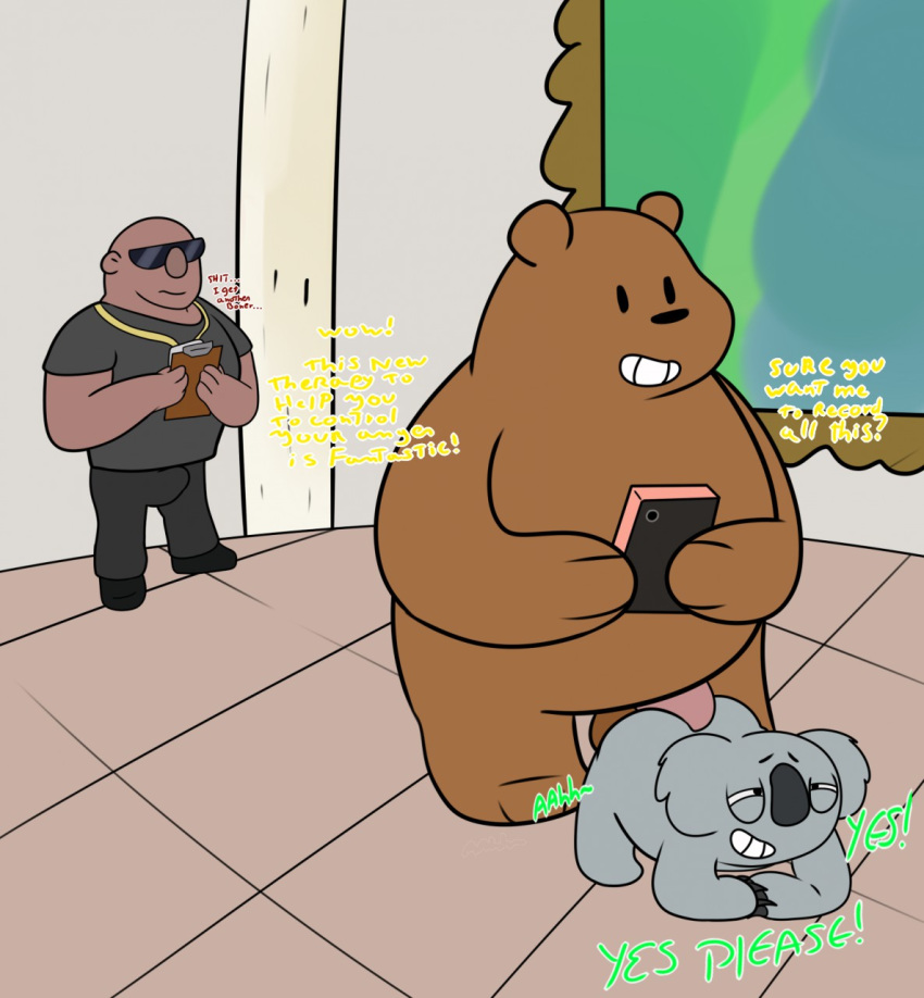 anal anal_penetration anthro balls bear bunnybara cartoon_network english_text farmer_(wbb) from_behind_position grizzly_(wbb) grizzly_bear group human inside koala male mammal marsupial nom_nom_(wbb) penetration penis recording sex size_difference text we_bare_bears