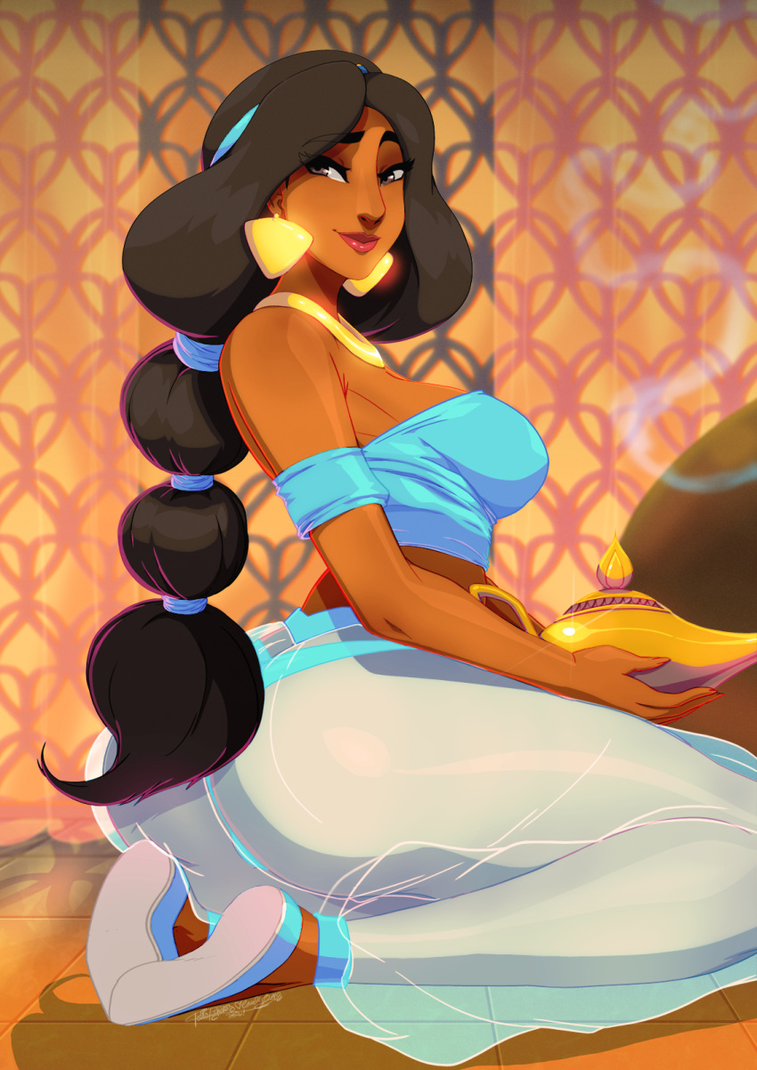 aladdin_(disney) arabian_clothes arched_back ass baggy_pants bare_shoulders black_hair breasts brown_eyes closed_mouth commentary crop_top dark_skin earrings from_side full_body harem_outfit highres holding jasmine_(disney) jewelry lips long_hair looking_at_viewer looking_back midriff off_shoulder oil_lamp pants see-through seiza shoe_soles shoes signature sitting smile smoke solo tovio_rogers very_long_hair