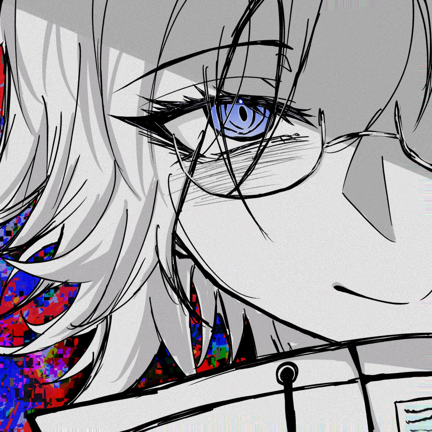 1boy aotsuki_eito blue_eyes chinese_commentary close-up commentary glasses greyscale_with_colored_background highres jacket looking_at_viewer male_focus saiteeeeeee short_hair smile solo spot_color the_hundred_line_-last_defense_academy-
