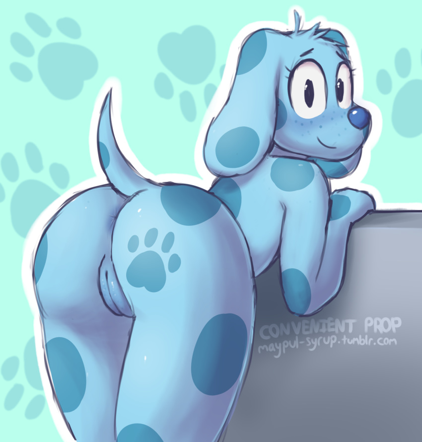 2018 anthro anus blue's_clues blue_(blue's_clues) blue_nose butt canine digital_media_(artwork) dog female hi_res looking_at_viewer mammal maypul_syrup nude peach_pussy pussy smile solo