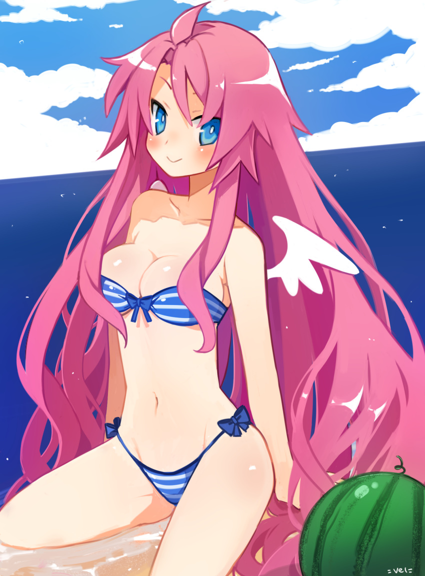 angel_wings beach bikini blue_eyes blush breasts cloud day disgaea food fruit highres long_hair looking_at_viewer makai_senki_disgaea_4 medium_breasts mini_wings navel ocean outdoors pink_hair red_eyes side-tie_bikini sidelocks sitting sky smile solo swimsuit vulcanus_(disgaea_4) watermelon wings