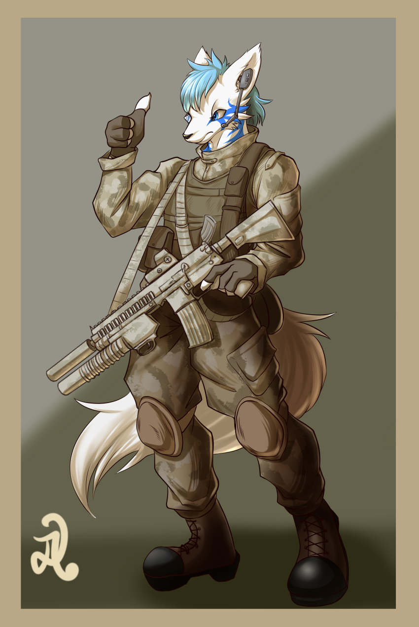 anthro camo canine clothed clothing d.angelo fingerless_gloves gloves gun male mammal ranged_weapon rifle simple_background solo standing weapon
