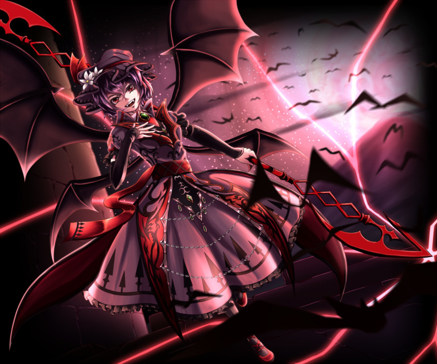 alternate_costume alternate_wings bat bat_wings blue_hair commentary_request fang fangs hand_on_own_chest highres holding holding_staff koumajou_densetsu looking_at_viewer moon mountain multiple_wings red_eyes red_moon remilia_scarlet shimomu_(shimom2) short_hair solo staff touhou wings