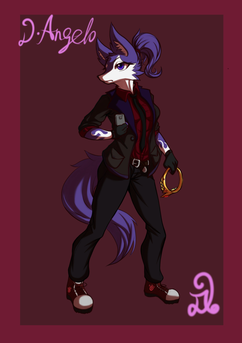 anthro canine clothed clothing crown d.angelo female footwear fully_clothed fur gloves hair hairband makeup mammal mascara multicolored_fur phone ponytail purple_eyes purple_fur purple_hair purple_tail shoes signature simple_background solo standing tiara two_tone_fur white_fur