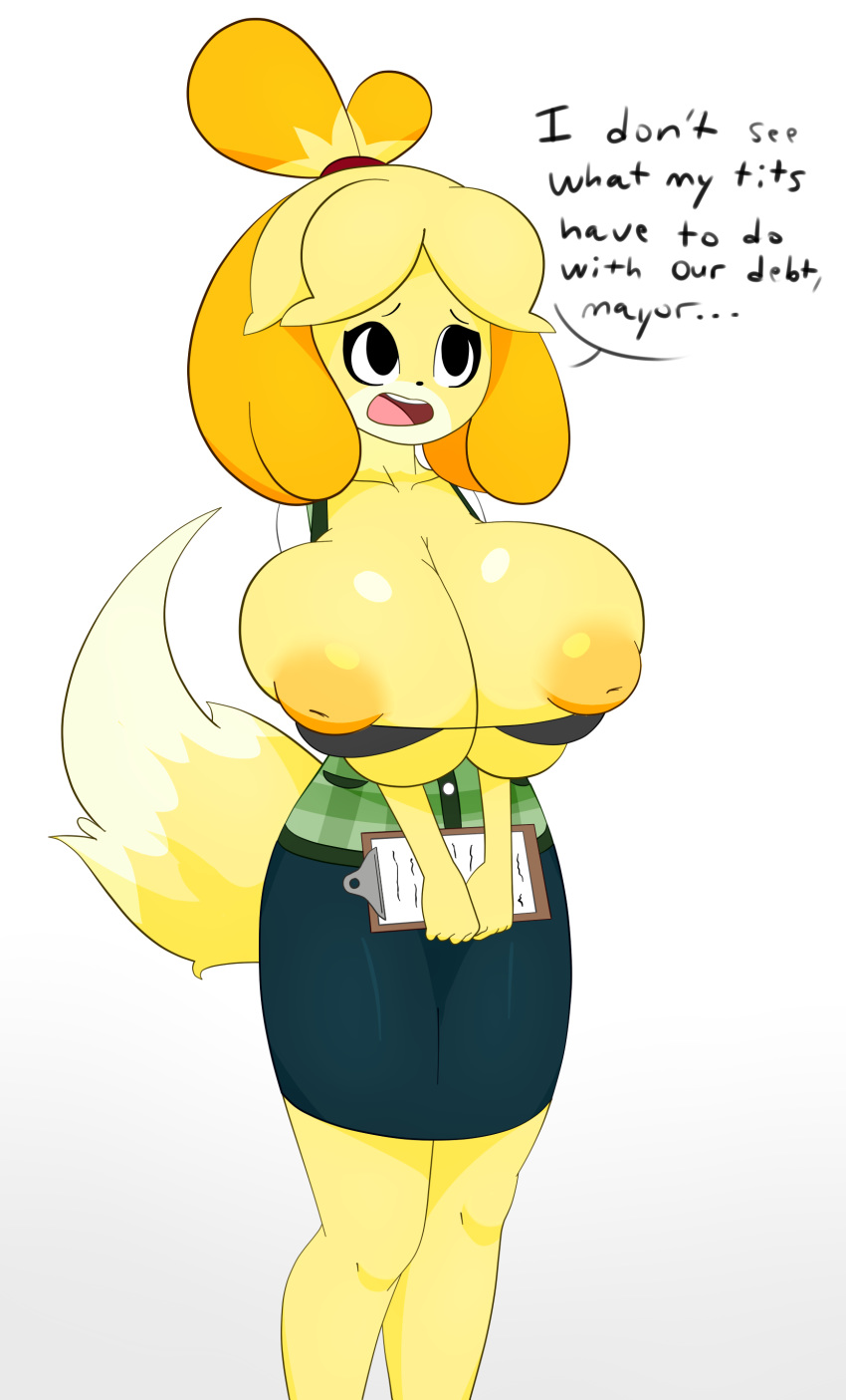 2018 absurd_res animal_crossing anthro areola big_breasts black_eyes blonde_hair breasts canine clipboard clothed clothing dialogue dog english_text female hair hi_res holding_object huge_breasts inverted_nipples isabelle_(animal_crossing) mammal nintendo nipples open_mouth shih_tzu shmeepo simple_background solo text video_games