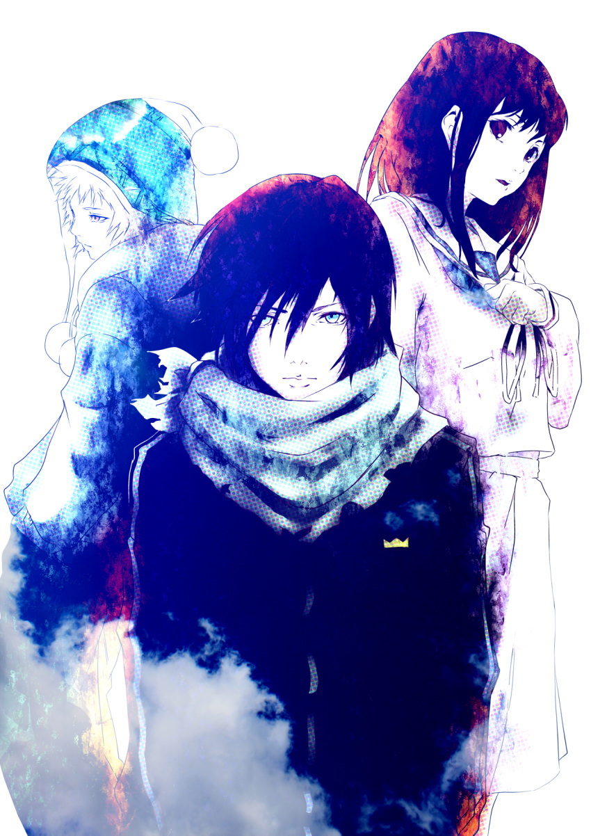 2boys black_hair blue_eyes clenched_hand coat hand_up hands_in_pockets hat highres iki_hiyori looking_at_viewer medium_hair multiple_boys noragami open_mouth poker-face-008 pom_pom_(clothes) purple_eyes scarf school_uniform yato_(noragami) yukine_(noragami)