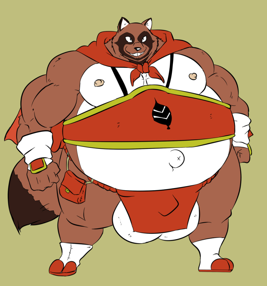 a-side balls belly bulge canine cape clothed clothing male mammal moobs musclegut navel nipples outie outie_navel partially_clothed smile solo tanuki