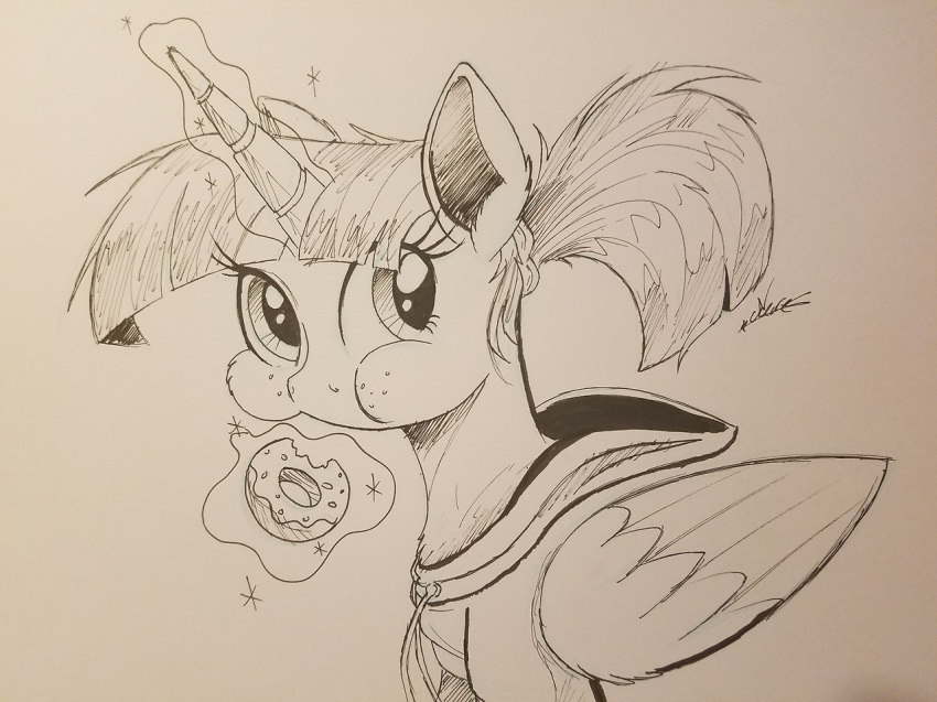 2018 chubby_cheeks clothing doughnut eating equine female food friendship_is_magic hoodie horn mammal monochrome my_little_pony ncmares ponytail sketch solo twilight_sparkle_(mlp) winged_unicorn wings