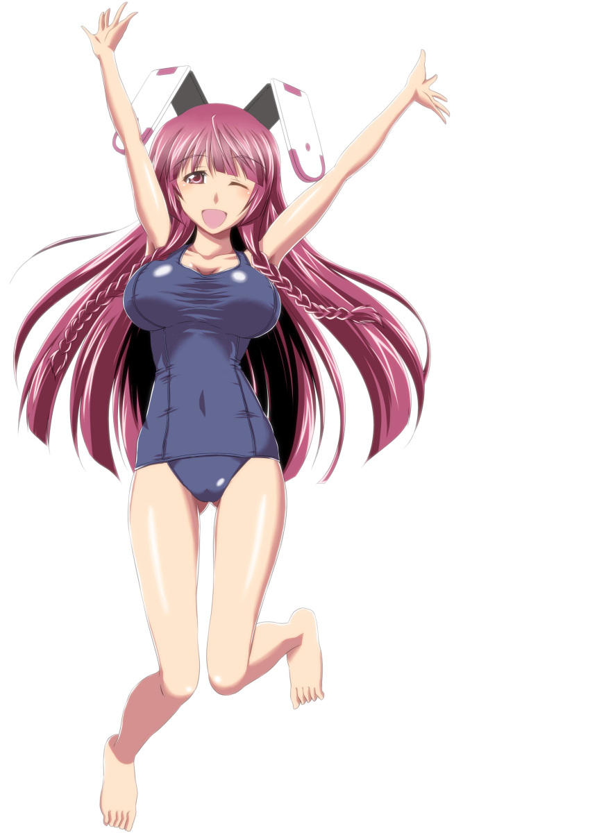 :d absurdres animal_ears armpits arms_up ass_visible_through_thighs bangs barefoot blue_swimsuit blush braid breasts bunny_ears cleavage full_body highres infinite_stratos jumping kuroda_ariake large_breasts long_hair old_school_swimsuit one-piece_swimsuit one_eye_closed open_mouth purple_eyes purple_hair school_swimsuit shinonono_tabane simple_background smile solo swimsuit twin_braids very_long_hair white_background