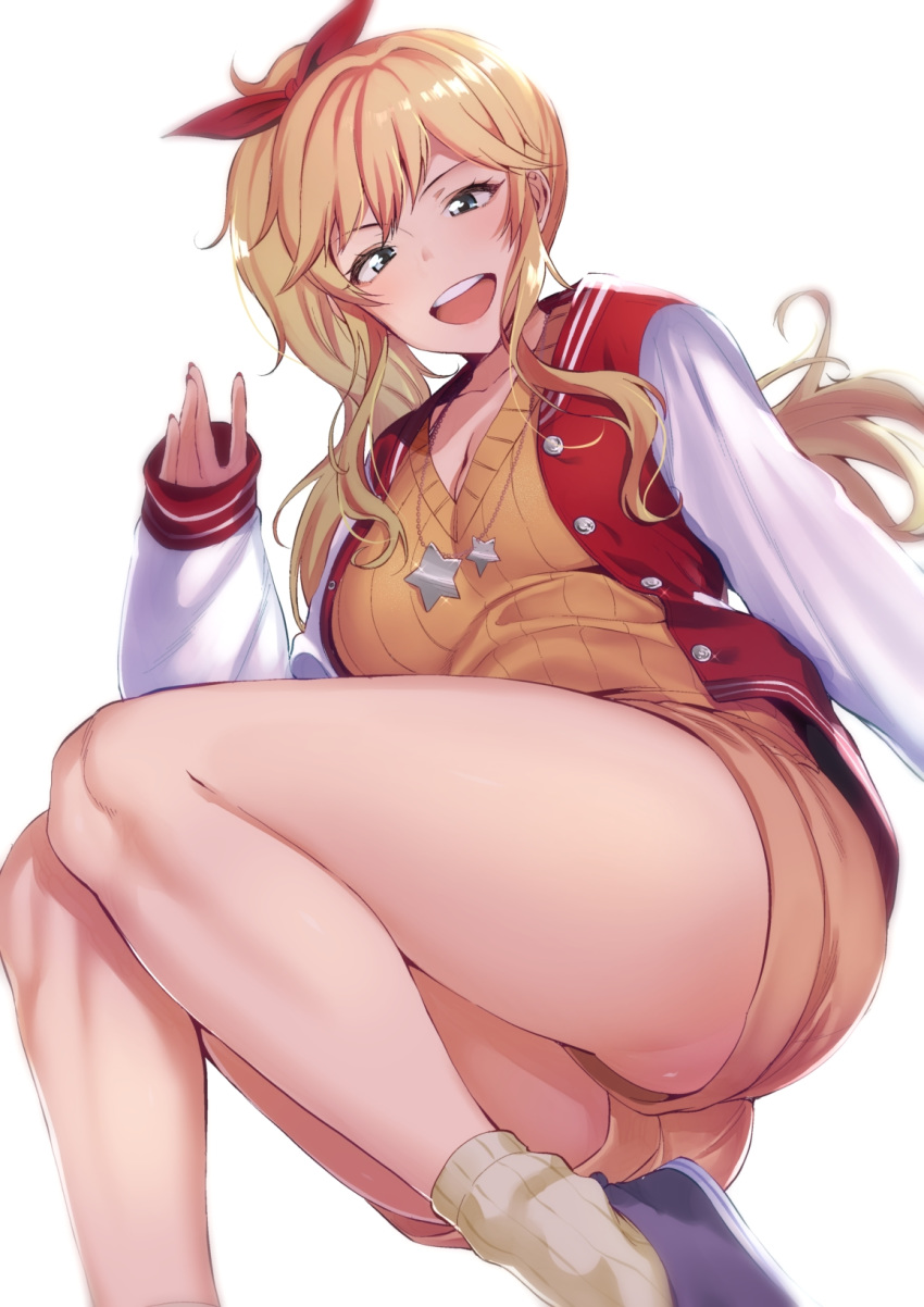 :d amano_don ass bad_id bad_pixiv_id bangs blonde_hair breasts cleavage commentary_request dress hair_ribbon highres idolmaster idolmaster_cinderella_girls idolmaster_cinderella_girls_starlight_stage jacket jewelry legs letterman_jacket long_hair medium_breasts necklace ootsuki_yui open_mouth ponytail red_ribbon ribbed_sweater ribbon shoes shorts sidelocks simple_background smile sneakers socks solo star star_necklace sweater sweater_dress swept_bangs thighs white_background yellow_sweater