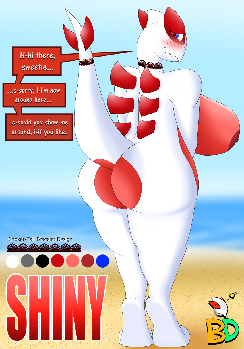anthro areola bds_charmeleon beach big_breasts big_butt blush breasts butt dialogue digital_media_(artwork) female full_body full_view hand_hiding_under_breasts hi_res interspecies invalid_tag legendary_pok&eacute;mon long_tail looking_at_viewer love lucy lugia model_sheet nervous nintendo nipples overweight pok&eacute;mon pok&eacute;mon_(species) pussy red_areola red_breasts red_eyes red_skin seaside shiny shy solo talking_to_you video_games voluptuous white_skin