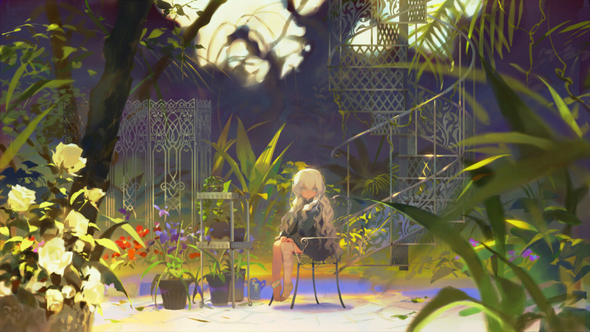 bandaged_leg bandages bangs barefoot blue_eyes bush chair closed_mouth commentary_request dress expressionless flower flower_pot garden girls_frontline hair_between_eyes hands_on_legs intravenous_drip leaf long_hair looking_at_viewer no_shoes outdoors plant potted_plant rei_(sanbonzakura) ribeyrolles_1918_(girls_frontline) shrubs silver_hair sitting solo spiral_staircase stairs tree very_long_hair watering_can wavy_hair white_hair
