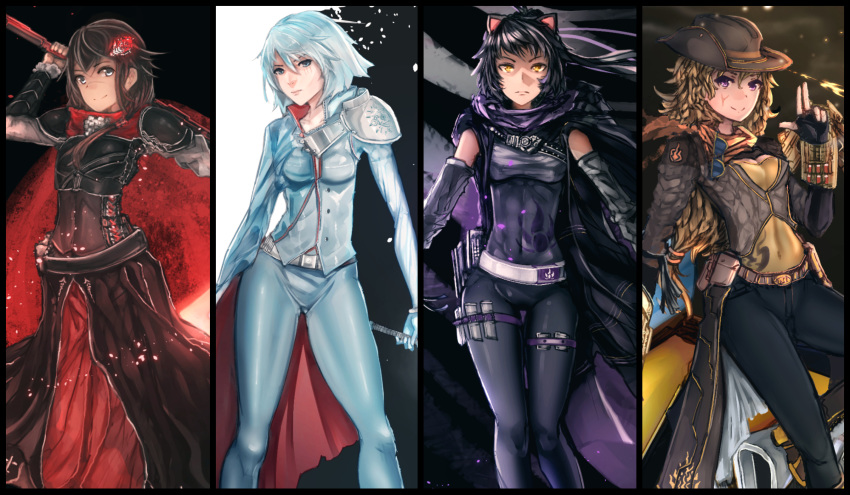 alternate_universe animal_ears anonamos armor belt black_hair blake_belladonna blonde_hair cat_ears commentary commission cowboy_hat facial_scar flower hair_flower hair_ornament hat highres multiple_girls older pauldrons red_hair ruby_rose rwby scar scar_across_eye scar_on_cheek scarf weiss_schnee white_hair yang_xiao_long