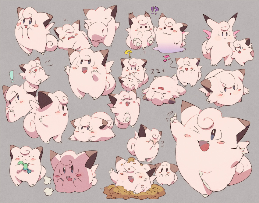 !? :3 :| ;d ? ^_^ angry aoki_(fumomo) blush_stickers character_doll clefable clefairy cleffa closed_eyes closed_mouth commentary creature digging dirty ditto expressions eye_contact fang finger_wagging food gen_1_pokemon gen_2_pokemon grey_background happy holding holding_food jumping looking_at_another looking_away looking_up lying music musical_note no_humans on_back on_stomach one_eye_closed open_mouth pink pink_skin pokemon pokemon_(creature) rare_candy scared simple_background singing sleeping smile standing standing_on_one_leg transformed_ditto wings zzz