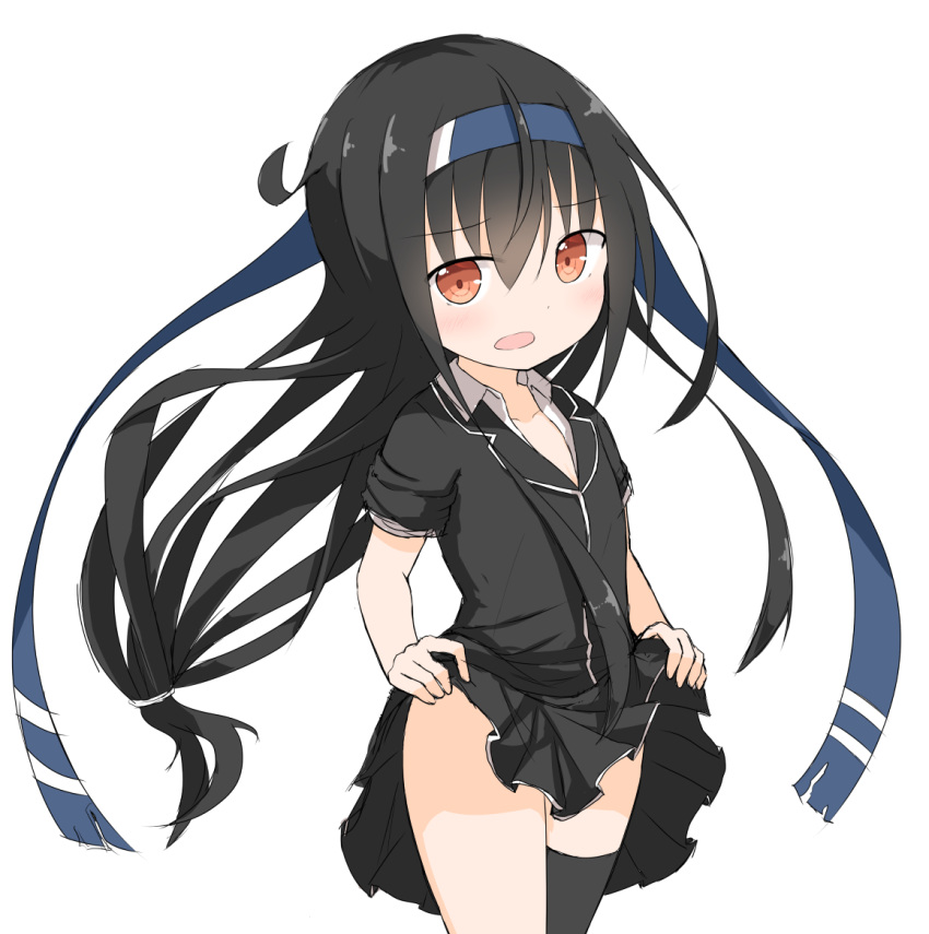 black_hair black_jacket black_legwear black_skirt blazer blue_hairband blush commentary embarrassed eyebrows_visible_through_hair flat_chest hachimaki hairband hatsushimo_(kantai_collection) headband jacket kantai_collection lifted_by_self long_hair looking_at_viewer low-tied_long_hair open_mouth pleated_skirt red_eyes remodel_(kantai_collection) short_sleeves skirt skirt_lift sleeves_rolled_up solo thighhighs thighs yamato_tachibana