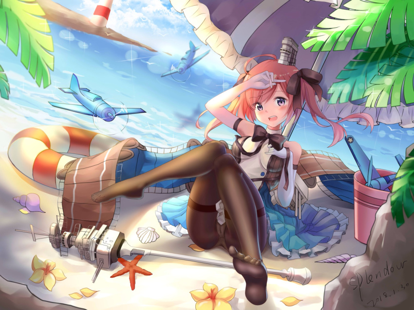 ahoge aircraft airplane armpits azur_lane bangs bare_shoulders beach black_bow black_legwear black_ribbon blue_sky blush bow breasts bucket cameltoe clam_shell cloud commentary_request dated day dress elbow_gloves eyebrows_visible_through_hair eyes_visible_through_hair flight_deck floating_hair flower gloves hair_between_eyes hair_bow hair_ribbon hairband hand_on_head hand_on_own_breast head_tilt highres knees_together_feet_apart knees_up lighthouse long_hair looking_at_viewer mast ocean open_mouth outdoors palm_leaf panties panties_under_pantyhose pantyhose pantyshot pantyshot_(sitting) pink_hair purple_eyes ribbon rigging rock sand saratoga_(azur_lane) shell shells sidelocks signature sitting sky sleeveless sleeveless_dress small_breasts smile solo sparkle splendour staff starfish thighband_pantyhose twintails umbrella underwear white_gloves