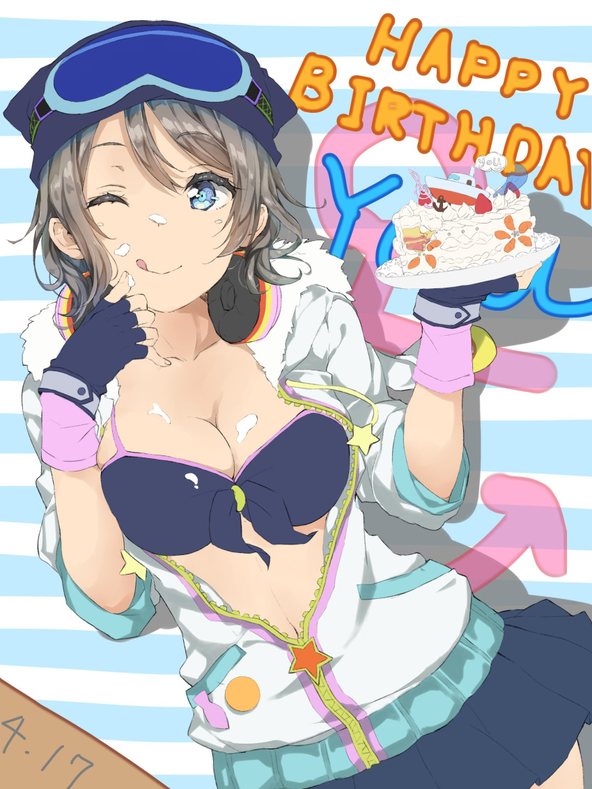 ;q absurdres anchor_symbol badge blue_bikini_top blue_eyes blue_gloves blue_hat blue_skirt breasts button_badge cake cleavage collarbone dated fingerless_gloves food food_on_body food_on_breasts food_on_clothes food_on_face front-tie_top gloves goggles goggles_on_headwear grey_hair happy_birthday hat headphones headphones_around_neck highres hinausa holding holding_plate hood hood_down jacket licking_lips love_live! love_live!_school_idol_festival love_live!_sunshine!! medium_breasts miniskirt one_eye_closed plate short_hair skindentation skirt smile solo striped striped_background tongue tongue_out watanabe_you
