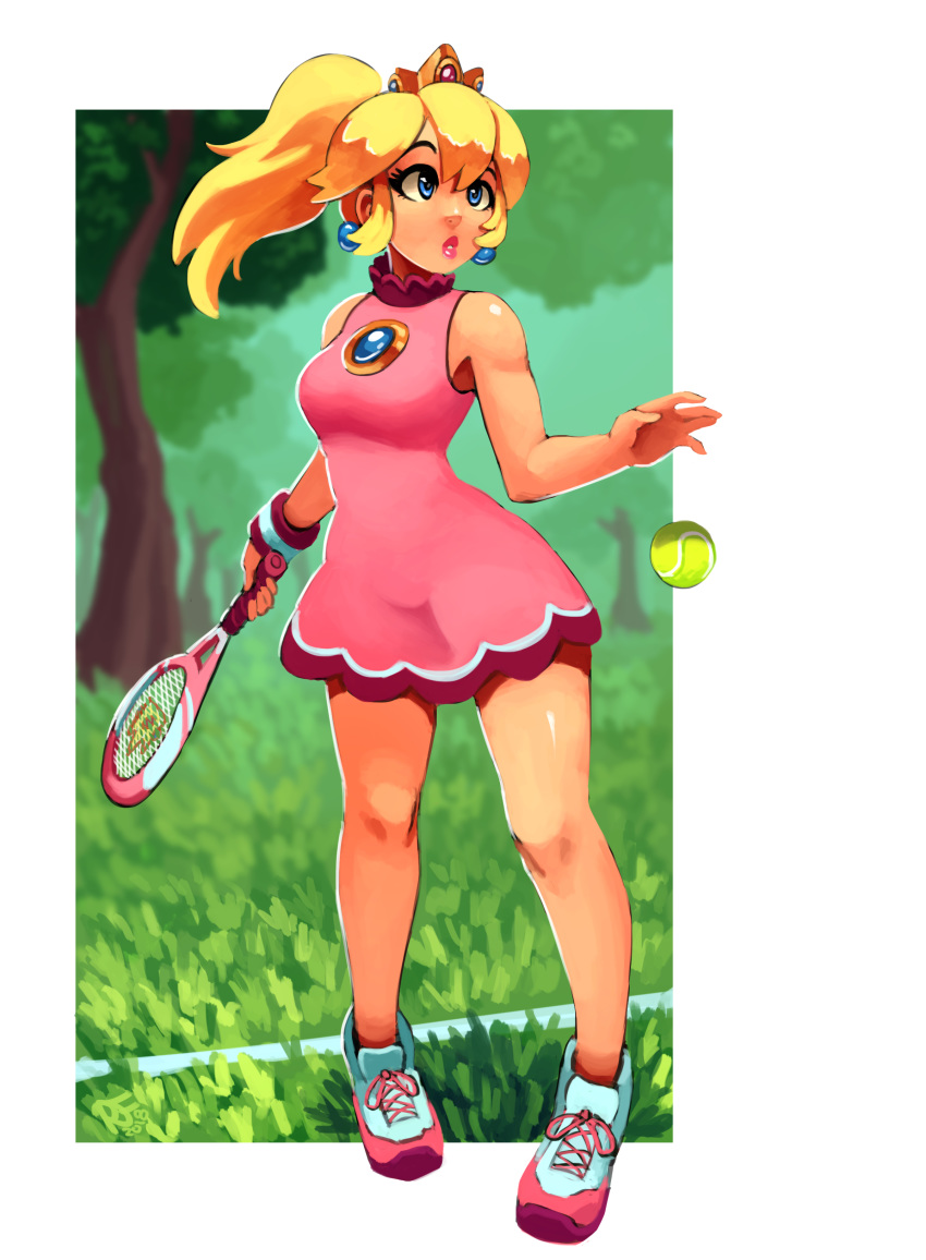 absurdres ball bare_arms bare_legs bare_shoulders blonde_hair blue_eyes border brooch commentary crown day dress earrings floating_hair full_body grass hand_up high_ponytail highres holding jewelry lips long_hair looking_up mario_(series) mario_tennis outdoors parted_lips pink_dress ponytail princess_peach racket ravenousruss shoes short_dress sleeveless sleeveless_dress solo standing super_mario_bros. tennis_ball tennis_dress tennis_racket tree