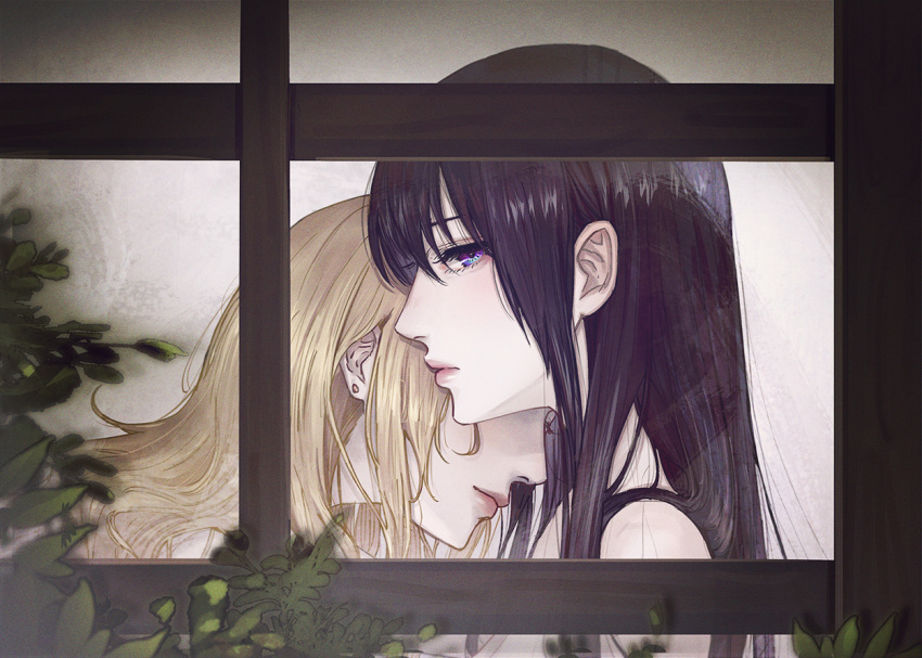 aihara_mei aihara_yuzu bangs bare_shoulders black_hair blonde_hair blue_eyes bush citrus_(saburouta) closed_mouth commentary_request earrings eyelashes from_outside frown head_on_shoulder jewelry koban7513 light_smile lips looking_at_viewer multiple_girls one_eye_covered plant profile sideways_glance straight_hair stud_earrings window yuri