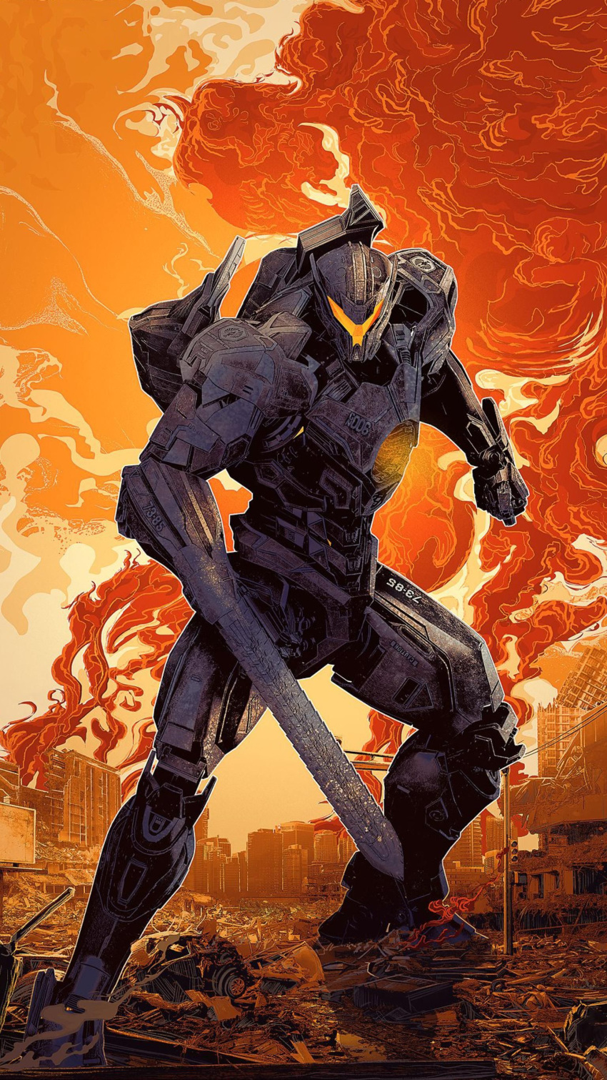 arm_blade blade blood building cityscape cloud cropped damaged dirty dusk fighting_stance fire gipsy_avenger highres mecha non-web_source official_art official_style pacific_rim pacific_rim:_uprising poster promotional_art ruins scan science_fiction smoke traditional_media weapon wreckage