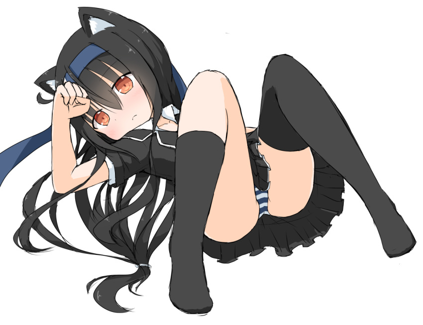 animal_ears bangs black_hair black_jacket black_legwear black_skirt blazer blue_hairband blush cat_ears cat_girl closed_mouth commentary embarrassed eyebrows_visible_through_hair flat_chest hachimaki hair_between_eyes hairband hand_to_forehead hatsushimo_(kantai_collection) headband jacket kantai_collection long_hair looking_at_viewer low-tied_long_hair lying on_back panties pleated_skirt red_eyes remodel_(kantai_collection) short_sleeves skirt sleeves_rolled_up solo striped striped_panties thighhighs thighs underwear yamato_tachibana
