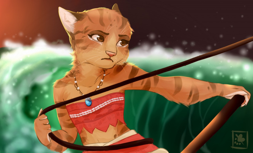 anthro brown_eyes cat disney feline female fur jewelry kahncchi mammal meowana midriff moana necklace sea solo striped_fur stripes water zootopia