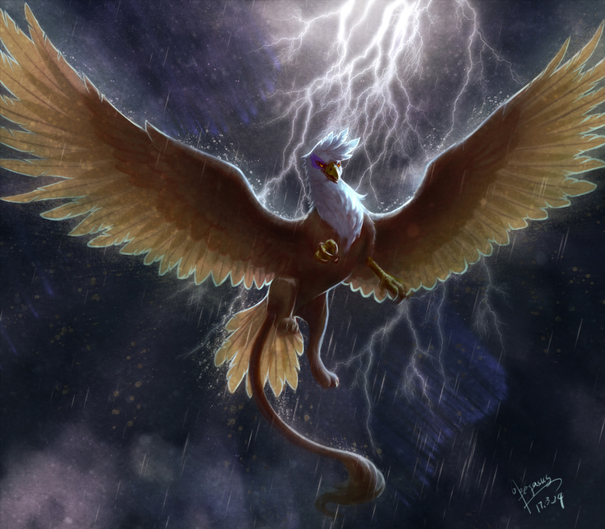 amber_eyes avian begasuslu female friendship_is_magic gilda_(mlp) gryphon lightning my_little_pony raining solo