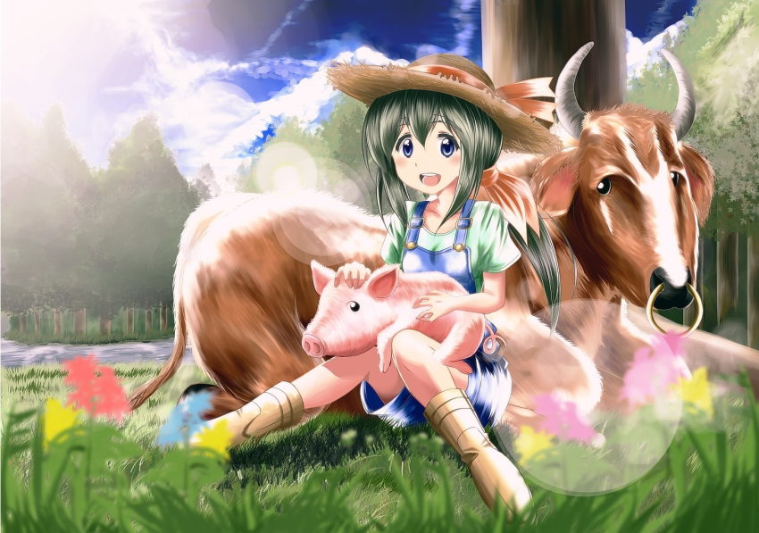 :d animal animal_on_lap blue_eyes blurry blush_stickers boots commentary_request cow depth_of_field flower forest grass green_hair hair_between_eyes hat horns kuroda_ariake lens_flare looking_at_viewer low_ponytail nature nose_piercing nose_ring open_mouth original overalls piercing pig river sitting smile sun_hat tree