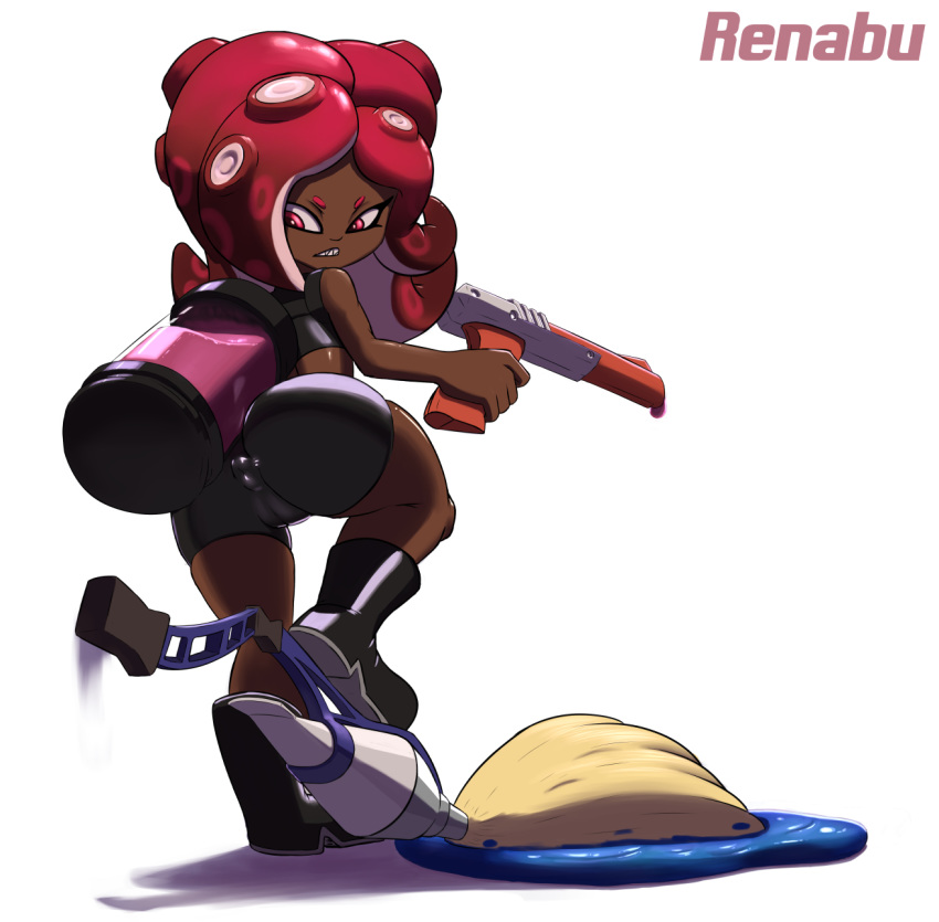 2018 agent_8_(splatoon) anus boots brush butt camel_toe cephalopod clothed clothing dark_skin digital_media_(artwork) eyelashes female footwear humanoid ink looking_back marine midriff nintendo not_furry octoling pink_eyes pussy rear_view renabu rubber sharp_teeth shiny skimpy solo splatoon splatoon_2 standing teeth tentacle_hair tentacles tight_clothing video_games weapon