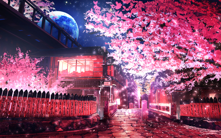 cherry_blossoms commentary fence highres kyoto landscape moon night no_humans original scenery smile_(qd4nsvik) tree