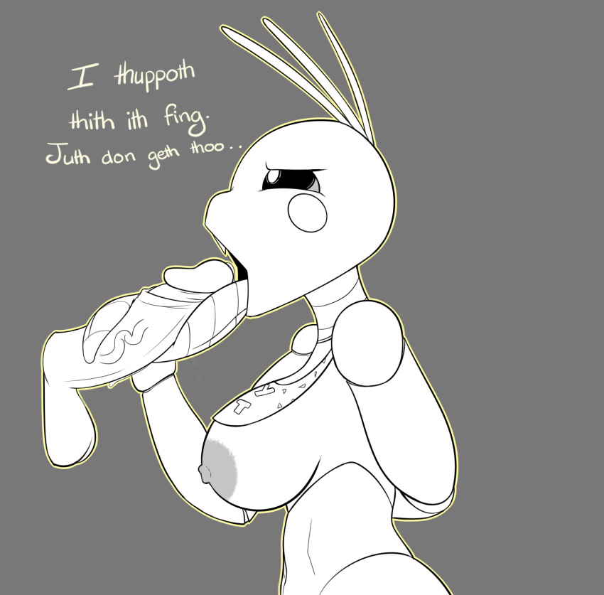 2018 animatronic anthro areola avian balls beakless big_areola big_balls big_breasts big_penis bird breasts chicken dialogue digital_media_(artwork) disembodied_penis erection fellatio female five_nights_at_freddy's five_nights_at_freddy's_2 freepancakes grey_background hand_behind_back hi_res human human_on_anthro humanoid_penis interspecies long_tongue machine male male/female mammal nipples non-mammal_breasts open_mouth oral penis precum robot sex sharp_teeth simple_background solo_focus teeth text tongue tongue_out toy_chica_(fnaf) uncut vein veiny_penis video_games