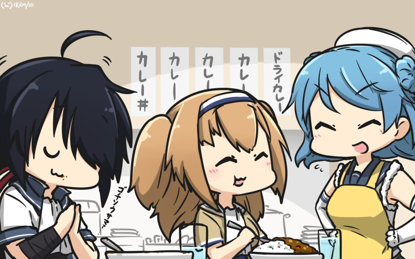 ahoge apron bangs bib black_hair blue_hair closed_eyes commentary curry curry_rice double_bun eating elbow_gloves food glass gloves hair_ornament hairband hairclip hamu_koutarou hands_on_hips hat highres i-26_(kantai_collection) kako_(kantai_collection) kantai_collection light_brown_hair long_hair multiple_girls neckerchief parted_bangs ponytail rice sailor_collar sailor_hat school_uniform serafuku short_sleeves sleeves_rolled_up teruyof translated two-tone_hairband two_side_up urakaze_(kantai_collection) white_gloves white_hat yellow_apron