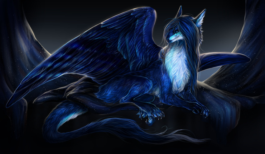 avelos blue_feathers blue_hair claws digital_media_(artwork) dragon feathered_dragon feathered_wings feathers female feral fur furred_dragon hair isvoc solo wings