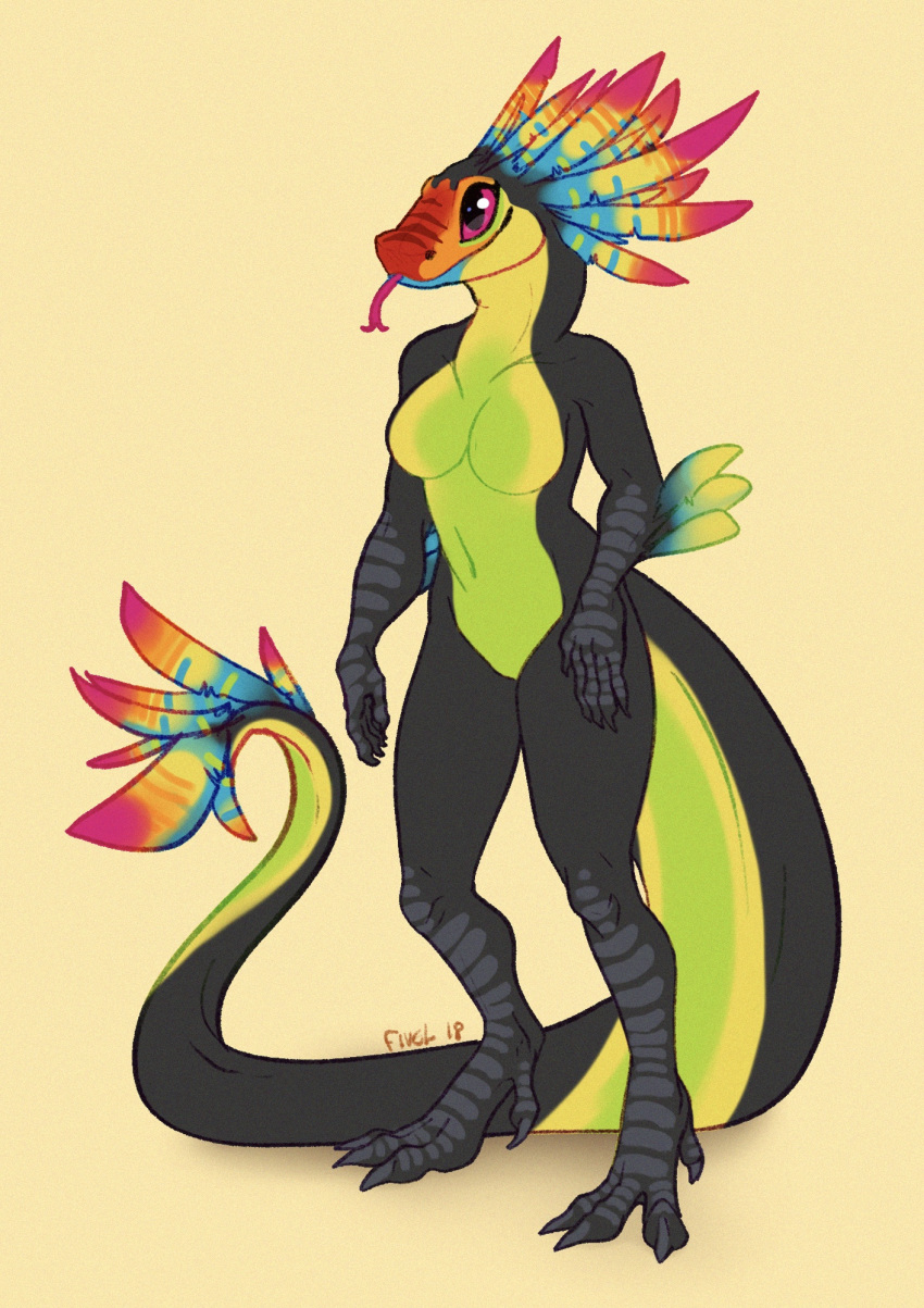 anthro avian bird breasts digital_media_(artwork) digitigrade featureless_breasts featureless_crotch female fivel hybrid nude quetzalcoatl reptile scalie simple_background snake solo toucan