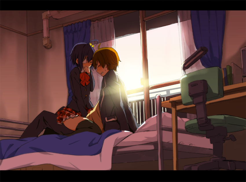 1boy 1girl bed bedroom clothed eye_patch gritted_teeth implied_sex ridding romantic school_uniform straddling sunset sweat