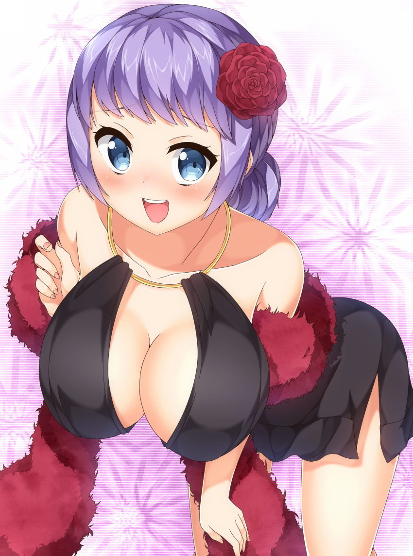 bare_shoulders blue_eyes blush breasts carina_(one_piece) cleavage dress feather_boa flower hair_bun hair_flower hair_ornament highres large_breasts one_piece one_piece_film_gold open_mouth purple_hair shinki_(user_srrn2727) solo teeth