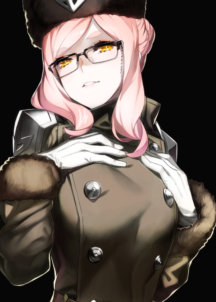 92m bangs black black-framed_eyewear black_background breasts brown_coat buttons coat commentary_request eyebrows_visible_through_hair fate/grand_order fate_(series) glasses gloves hands_on_own_chest hat highres koyanskaya large_breasts long_hair looking_at_viewer pauldrons pink_hair smile solo swept_bangs thick_eyebrows very_long_hair white_gloves yellow_eyes