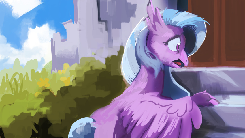 16:9 2018 avian blue_hair building cloud door eyelashes feathered_wings feathers female feral friendship_is_magic fur hair hi_res hippogryph long_hair my_little_pony nude open_mouth outside paperdrop plant portrait purple_eyes purple_feathers school shrub silverstream_(mlp) sky solo stairs tongue wallpaper wings