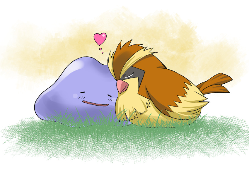 blush closed_eyes commentary_request couple creature ditto full_body gen_1_pokemon grass heart interspecies no_humans outdoors pidgey platin_(alios) pokemon pokemon_(creature)