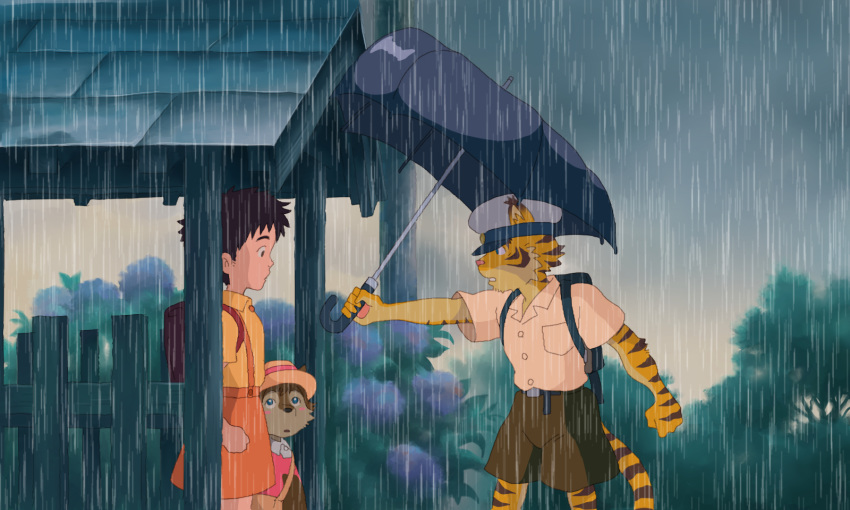 blush cute feline female flower ghibli hat human male mammal mei_kusakabe morenatsu my_neighbor_totoro parody plant raining shirako shun_(morenatsu) tiger torahiko_(morenatsu) totoro umbrella young