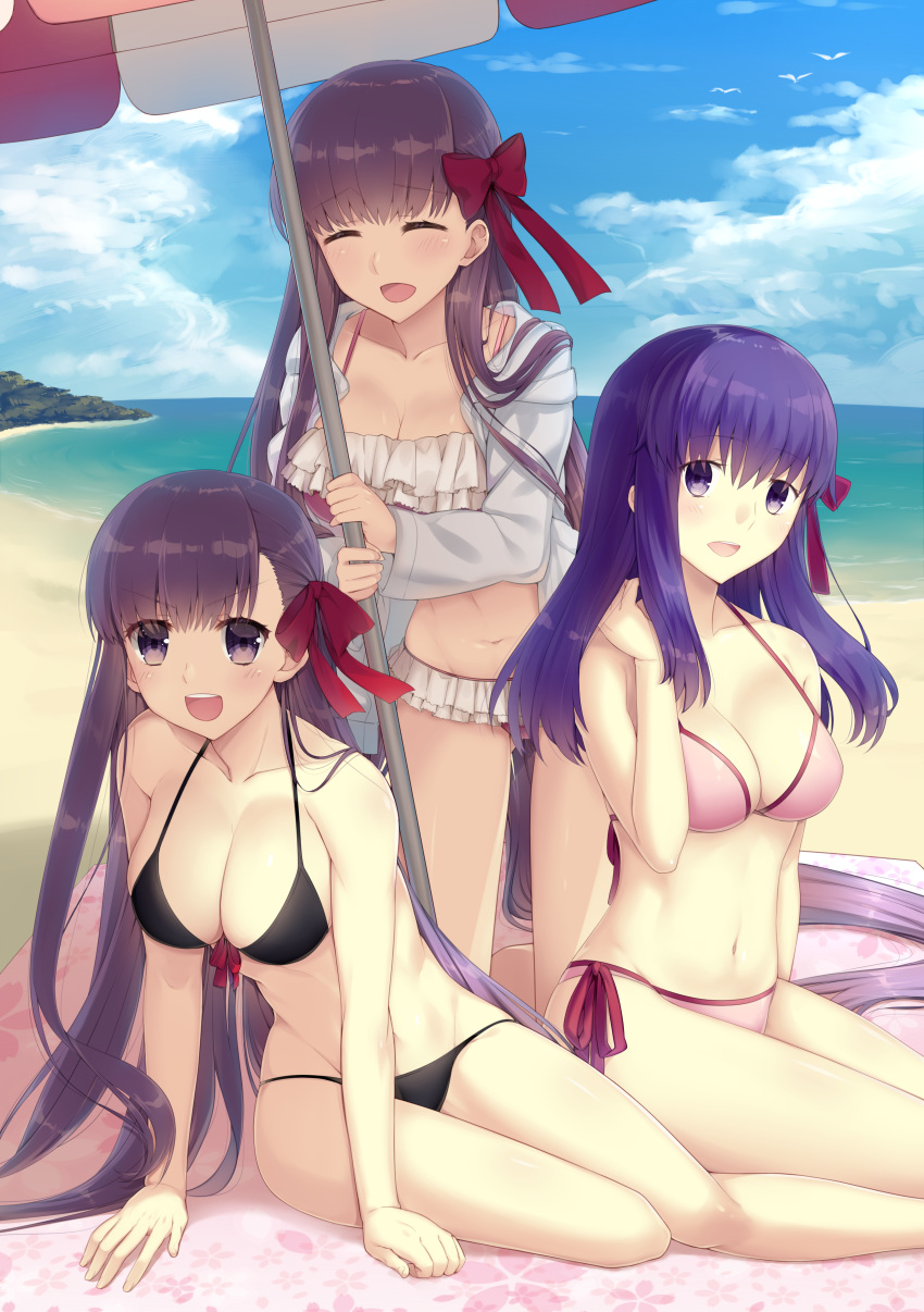 :d absurdly_long_hair absurdres arm_support bangs bare_arms bare_shoulders bb_(fate)_(all) bb_(fate/extra_ccc) beach bikini black_bikini blue_sky blush bow breasts cleavage closed_eyes cloud collarbone day dual_persona eyebrows_visible_through_hair fate/extra fate/extra_ccc fate/stay_night fate_(series) fingernails frilled_bikini frills front-tie_bikini front-tie_top hair_bow highres hood hood_down hoodie horizon large_breasts long_hair looking_at_viewer matou_sakura multiple_girls multiple_persona navel ocean open_clothes open_hoodie open_mouth ouhina outdoors pink_bikini purple_eyes purple_hair red_bow sand side-tie_bikini sitting sky smile swimsuit upper_teeth v-shaped_eyebrows very_long_hair water white_hoodie