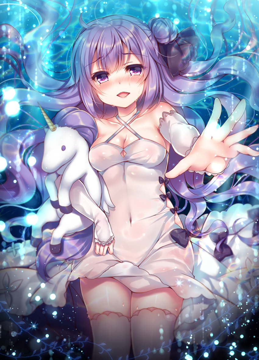 :d azur_lane bangs bare_shoulders black_bow black_ribbon blush bow breasts cleavage collarbone commentary_request covered_navel criss-cross_halter crying crying_with_eyes_open detached_sleeves dress eyebrows_visible_through_hair hair_bun halterneck highres long_hair long_sleeves looking_at_viewer lying medium_breasts nose_blush object_hug on_back one_side_up open_mouth outstretched_arm partially_submerged purple_eyes purple_hair ribbon see-through side_bun sleeves_past_wrists smile solo stuffed_alicorn stuffed_animal stuffed_toy suzune_rena tears thighhighs unicorn_(azur_lane) very_long_hair water wet wet_clothes wet_dress white_dress white_legwear