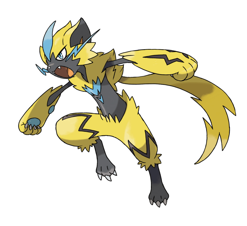 2018 4_fingers absurd_res alpha_channel ambiguous_gender black_fur blue_eyes blue_fur claws fangs feline fur hi_res ken_sugimori legendary_pok&eacute;mon mammal multicolored_fur nintendo official_art open_mouth orange_tongue pok&eacute;mon pok&eacute;mon_(species) sharp_teeth simple_background teeth transparent_background video_games yellow_fur yellow_tail zeraora