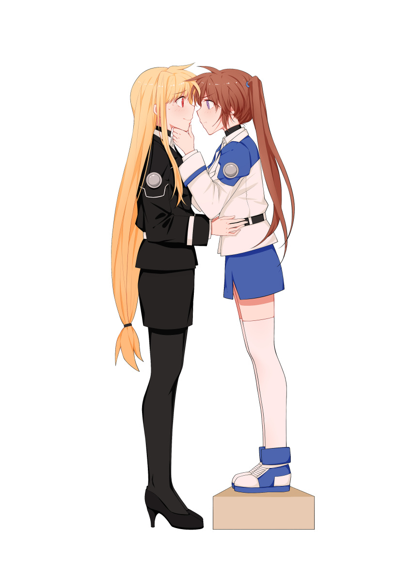 absurdres black_jacket black_legwear black_skirt blonde_hair blue_footwear blue_skirt blush brown_hair face-to-face fate_testarossa from_side hand_on_another's_chin hands_on_another's_waist height_difference high_heels highres imminent_kiss jacket long_hair looking_at_another lyrical_nanoha mahou_shoujo_lyrical_nanoha_strikers multiple_girls on_box pantyhose pout purple_eyes red_eyes simple_background skirt standing_on_box sweat takamachi_nanoha thighhighs tsab_air_military_uniform tsab_executive_military_uniform uniform very_long_hair wavy_mouth white_background white_footwear white_jacket white_legwear wife_and_wife yer yuri