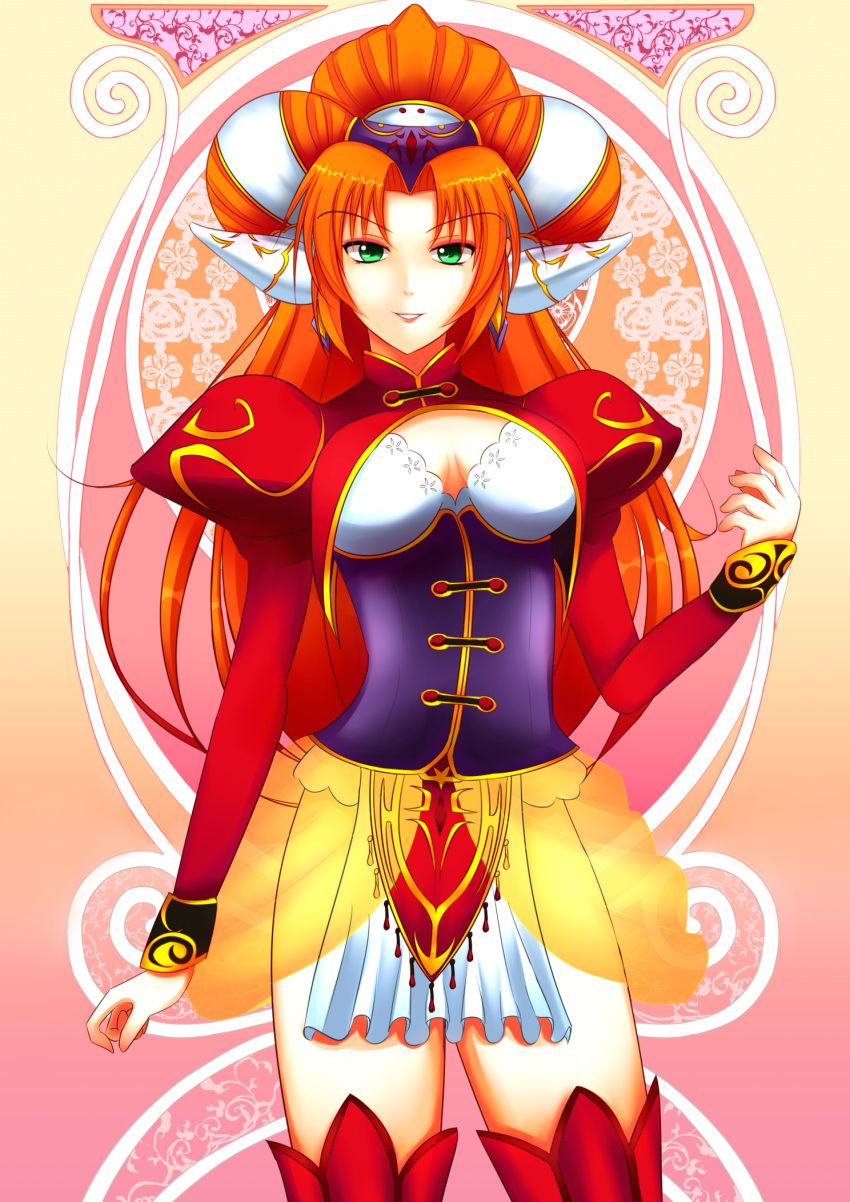 breasts commentary_request corset grandia grandia_ii green_eyes hair_ornament highres juliet_sleeves kaamira large_breasts long_hair long_sleeves looking_at_viewer millenia_(grandia) puffy_sleeves red_hair solo thighhighs