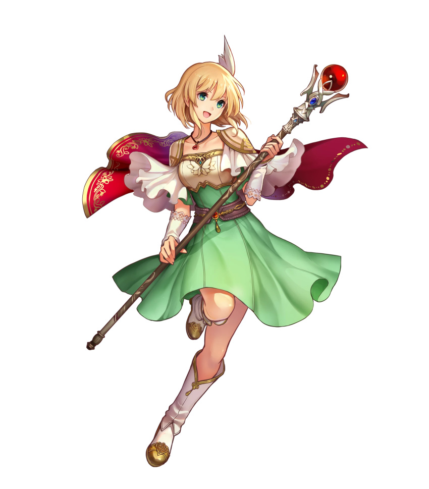 bangs blonde_hair boots breastplate breasts bridal_gauntlets cape capelet collarbone dress fire_emblem fire_emblem:_thracia_776 fire_emblem_heroes full_body green_dress green_eyes hair_ornament high_heel_boots high_heels highres holding jewelry konfuzikokon leg_up looking_away medium_breasts nanna_(fire_emblem) necklace official_art open_mouth short_dress short_hair short_sleeves shoulder_armor sidelocks smile solo staff transparent_background