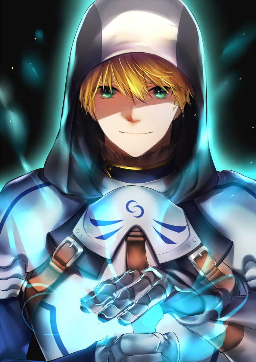 armor arthur_pendragon_(fate) blonde_hair fate/prototype fate_(series) gauntlets green_eyes hair_between_eyes highres hooded looking_at_viewer male_focus rahato smile solo upper_body