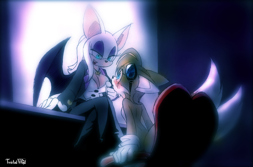 anthro bat black_nose blush breasts canine cleavage clothed clothing crossgender eye_contact eyeshadow eyewear featureless_breasts female female/female fox fur gloves goggles hair hi_res long_hair makeup mammal miles_prower rouge_the_bat signature sitting sonic_(series) suit twistedterra video_games white_fur white_hair wings