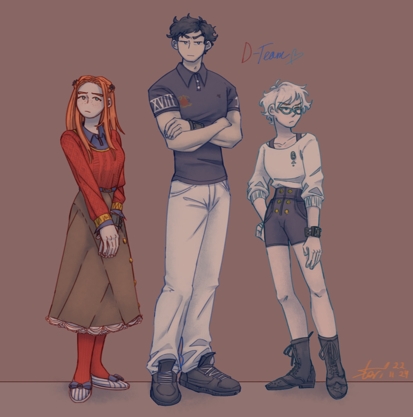 1boy 2girls aqua-framed_eyewear black_boots black_hair black_shirt black_shoes black_shorts blue_eyes blue_shirt boots bow brooch brown_background brown_skirt closed_mouth collarbone collared_shirt commentary crossed_arms dated diana_(kyokugen_dasshutsu) english_commentary fingernails flower footwear_bow freckles full_body glasses hair_flower hair_ornament hand_on_own_hip heart high-waist_shorts highres jewelry kyokugen_dasshutsu long_hair long_skirt long_sleeves multiple_girls no_sclera orange_hair own_hands_together pants pantyhose pelmendraws phi_(kyokugen_dasshutsu) red_pantyhose red_sweater roman_numeral shirt shirt_under_sweater shoes short_hair shorts sigma_(kyokugen_dasshutsu) signature simple_background skirt standing striped_shoes sweater very_short_hair watch white_hair white_pants white_shirt wristwatch zero_escape:_toki_no_dilemma